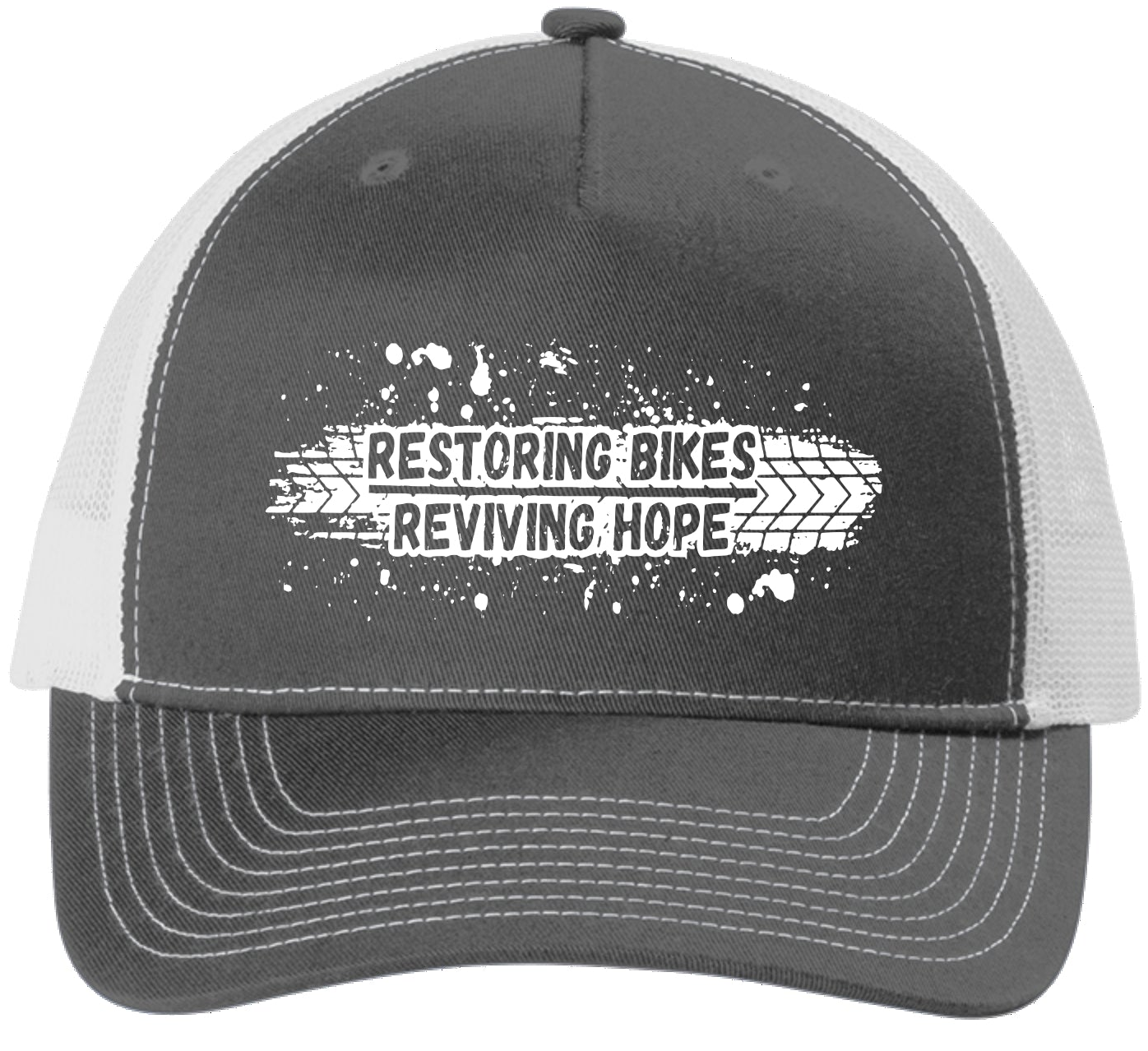 Gray and white cap with 'Restoring Bikes Reviving Hope' text on a white background
